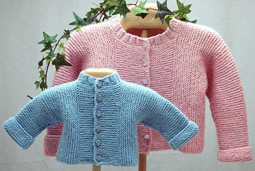 Cabin Fever 420 Baby 'J' Cardigan Knit from the Top Down in DK (#3) weight yarn. For babies: preemie to 18 months.